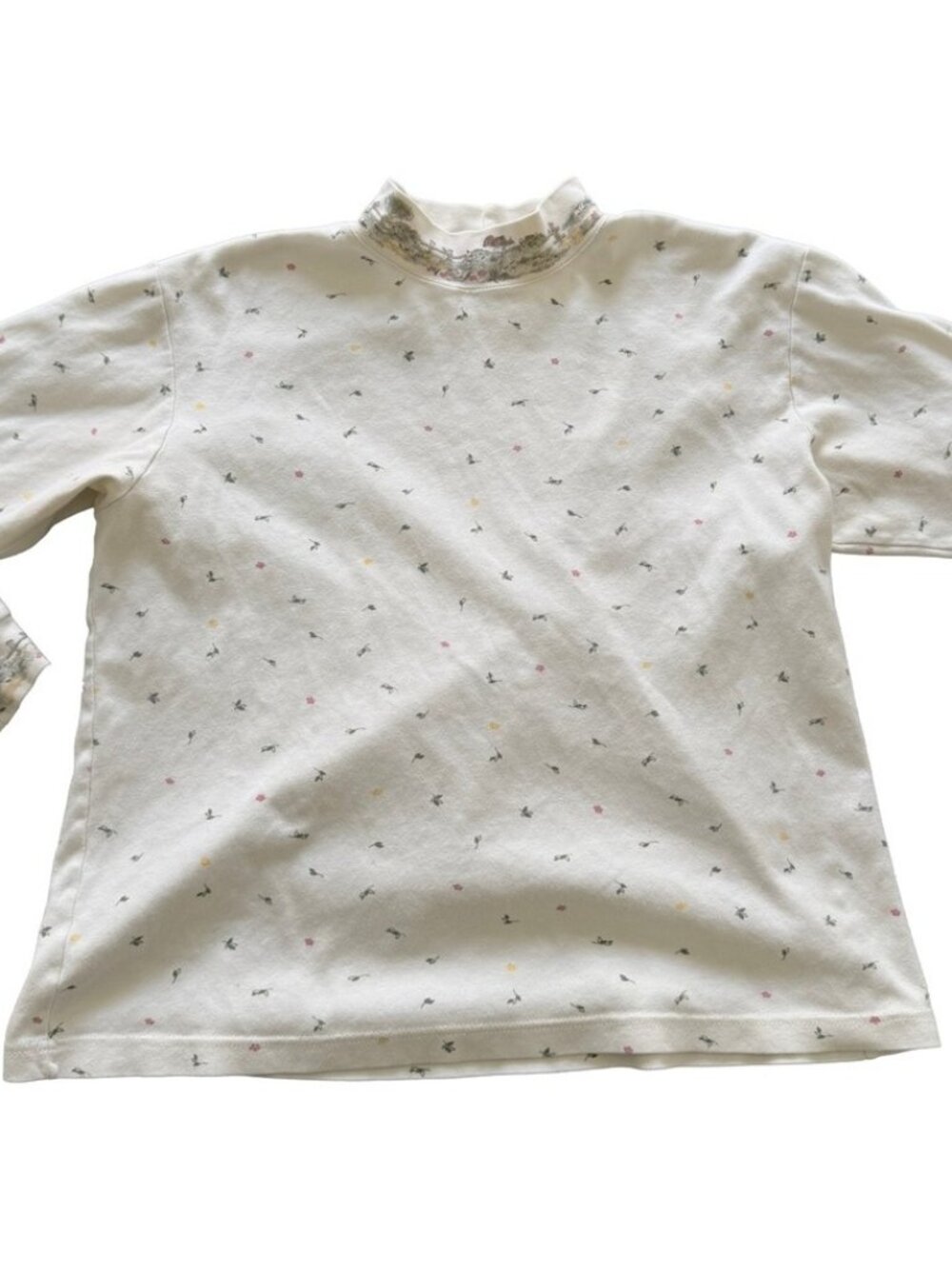 Vintage Cottagecore Ditsy Floral Mock Neck Top Cream Garden Graphic Long Sleeve